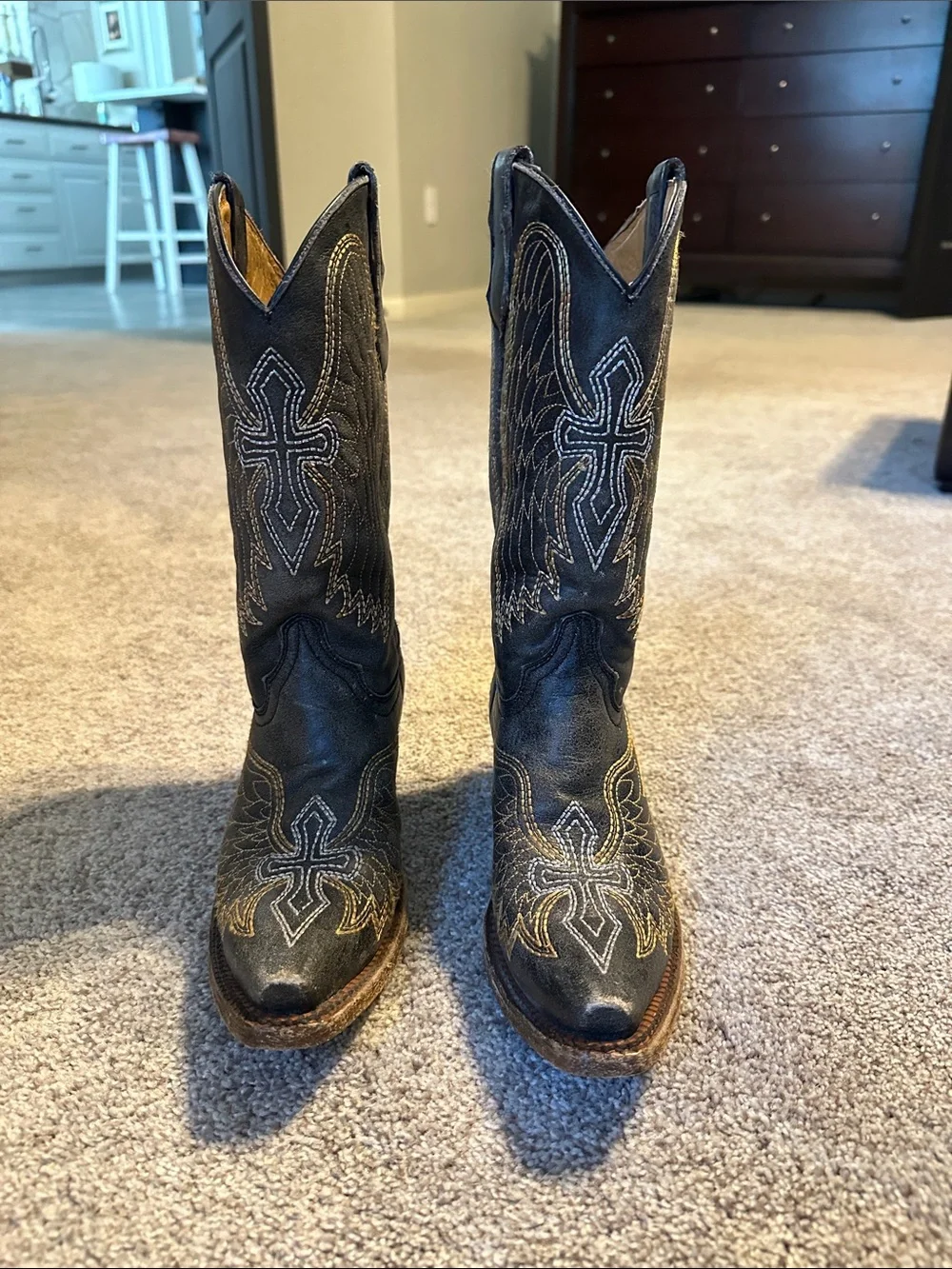 Kids Black Wing-Embroidered Western Boots